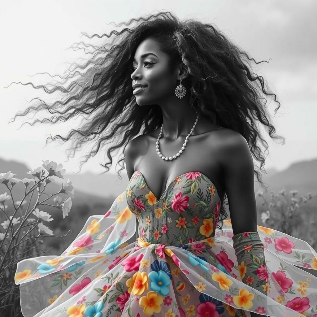 Black Woman in Flowery Dress with Bouncy Curls
