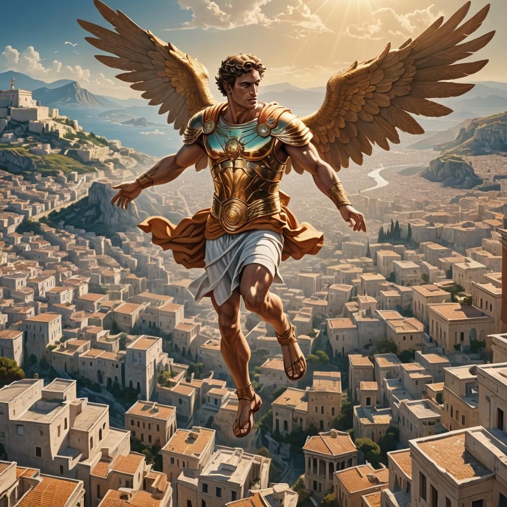 Hermes Levatating Above a Greek City in Matte Painting