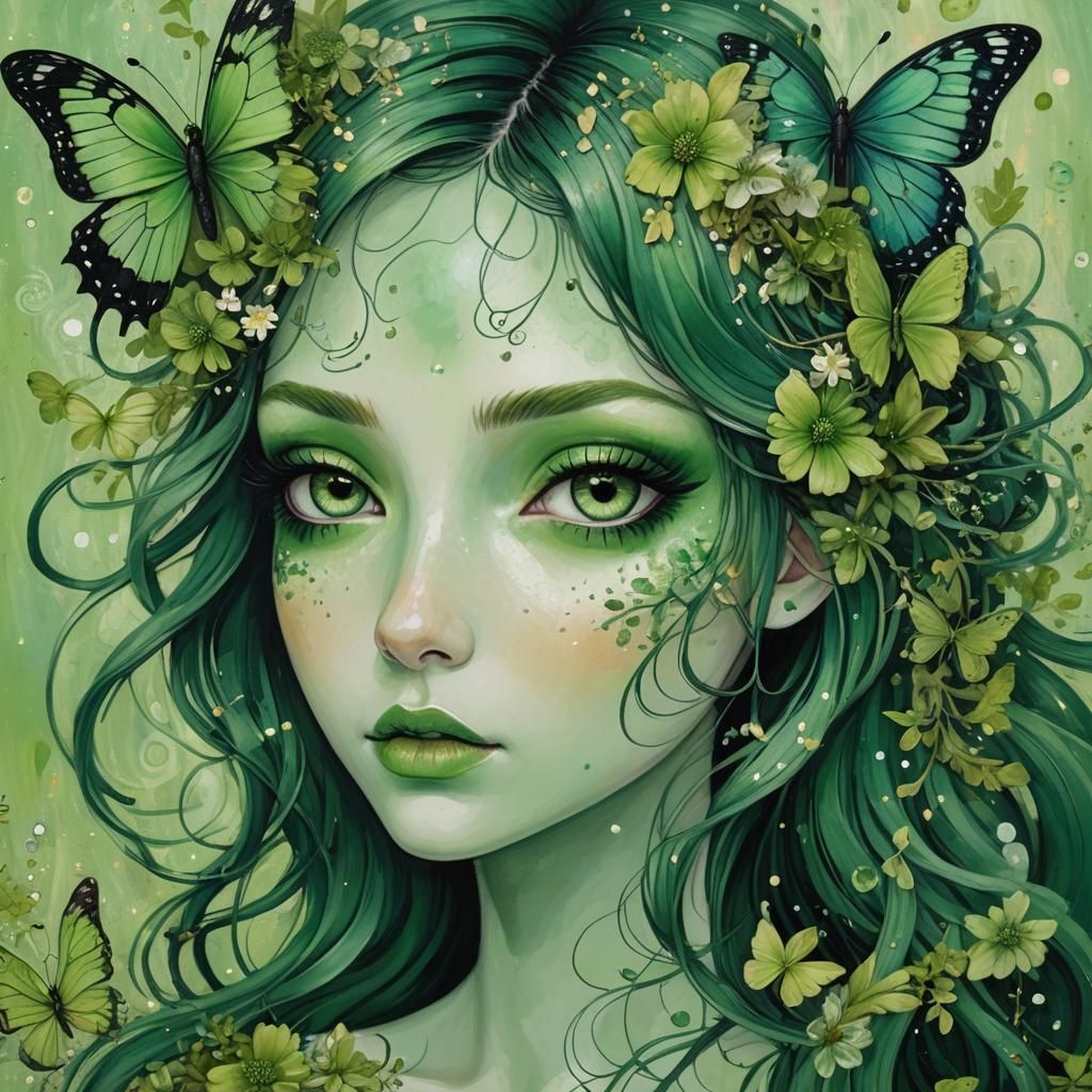 Green Girl Portrait with Butterfly in Abstract Art
