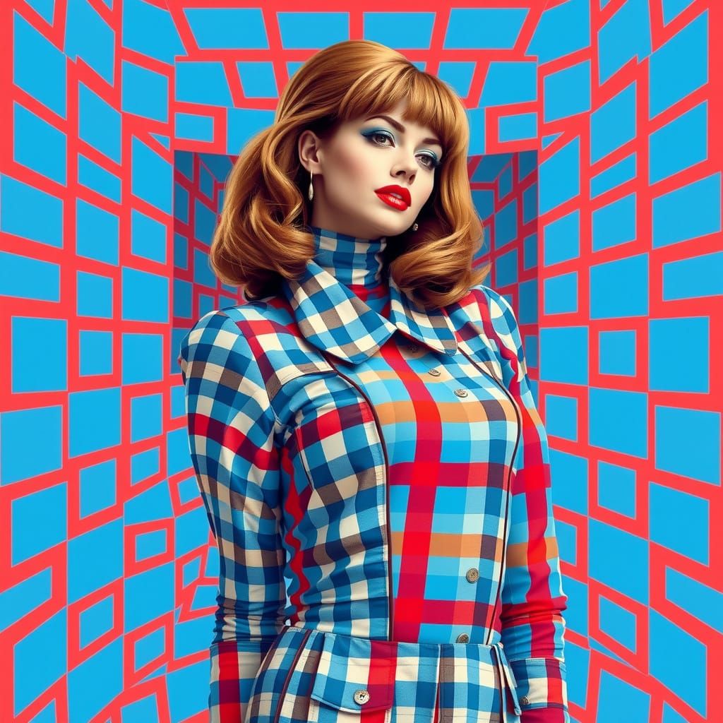 Mod Woman Dissolves into Gingham Wall