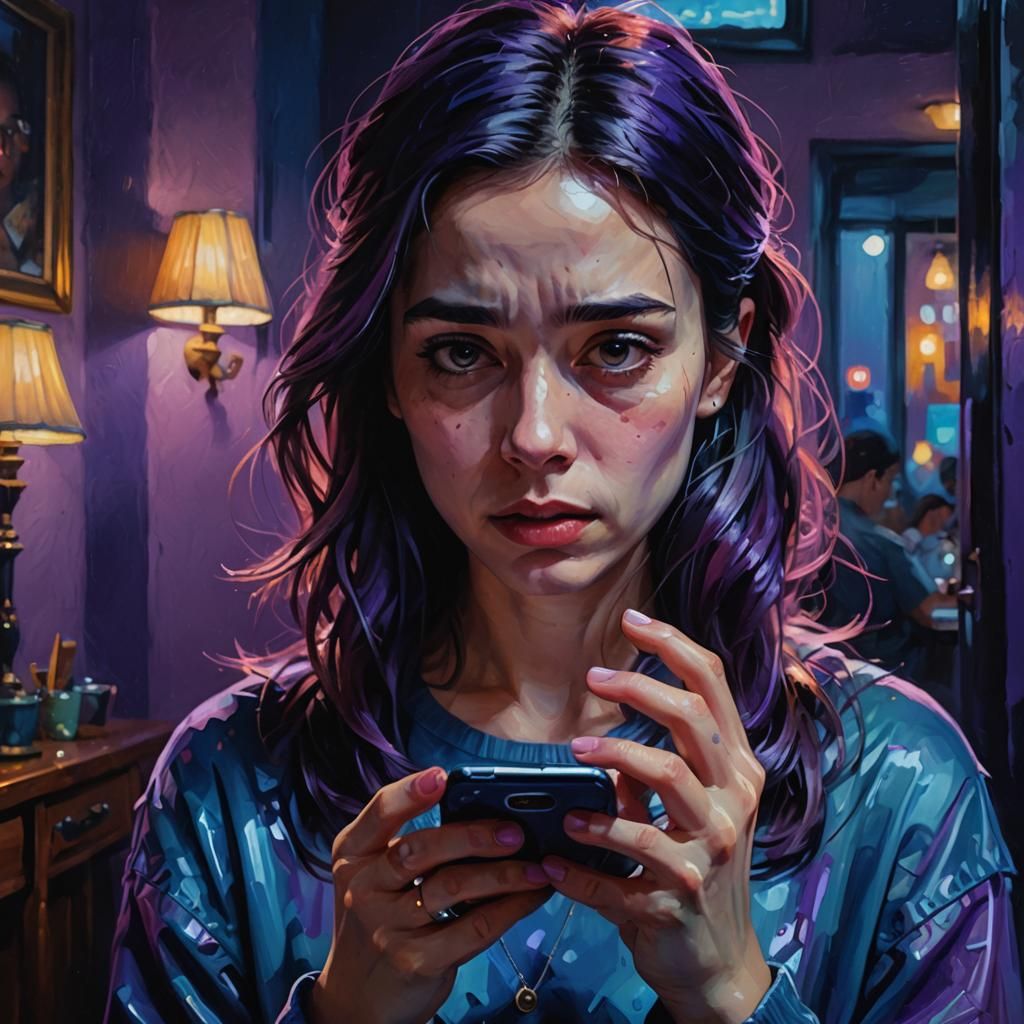 Anxious Girl and Cellphone Screen: Digital Oil Painting
