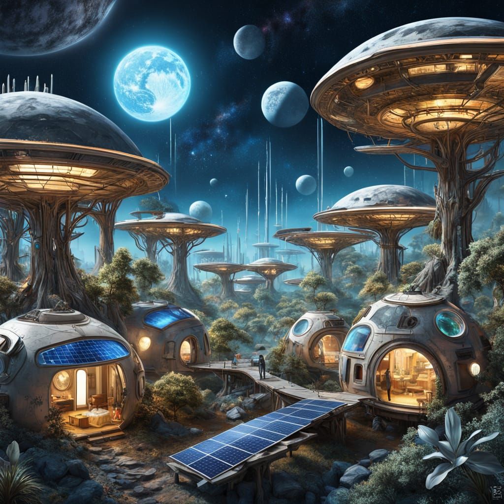 Solarpunk Moon Settlement in Vibrant Lunar Landscape