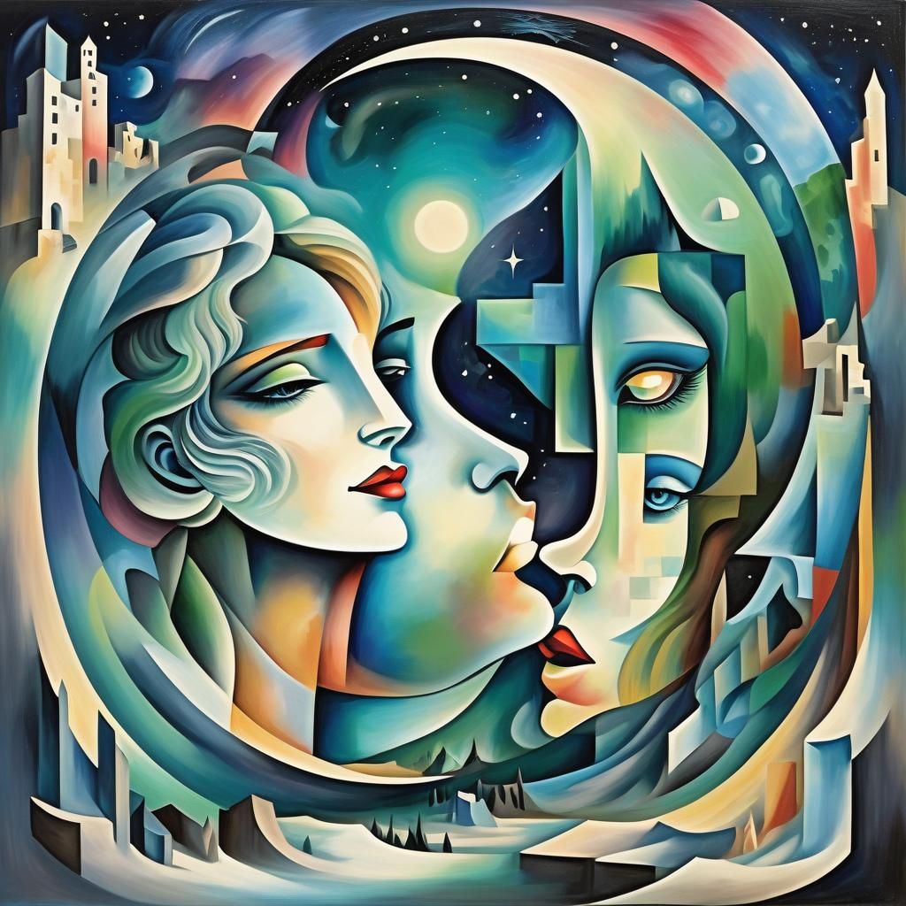 Surreal Cubist Dreamscape with Aurora
