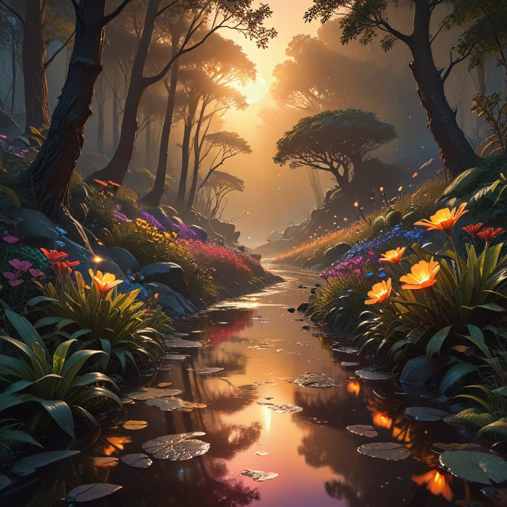 Vibrant Fantastical Plants in Ethereal Candlelight