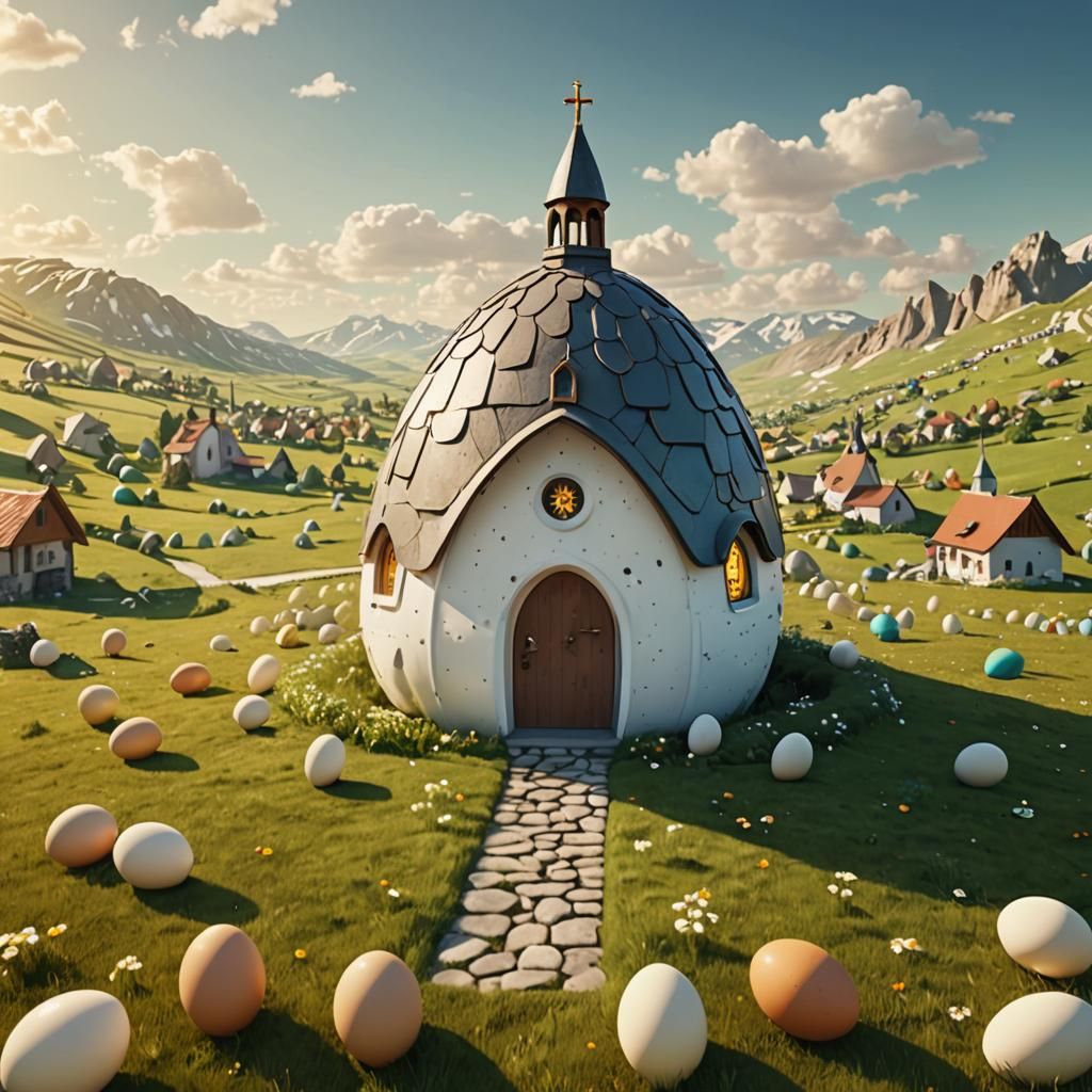 Surreal Egg Church in Retro Animation Style