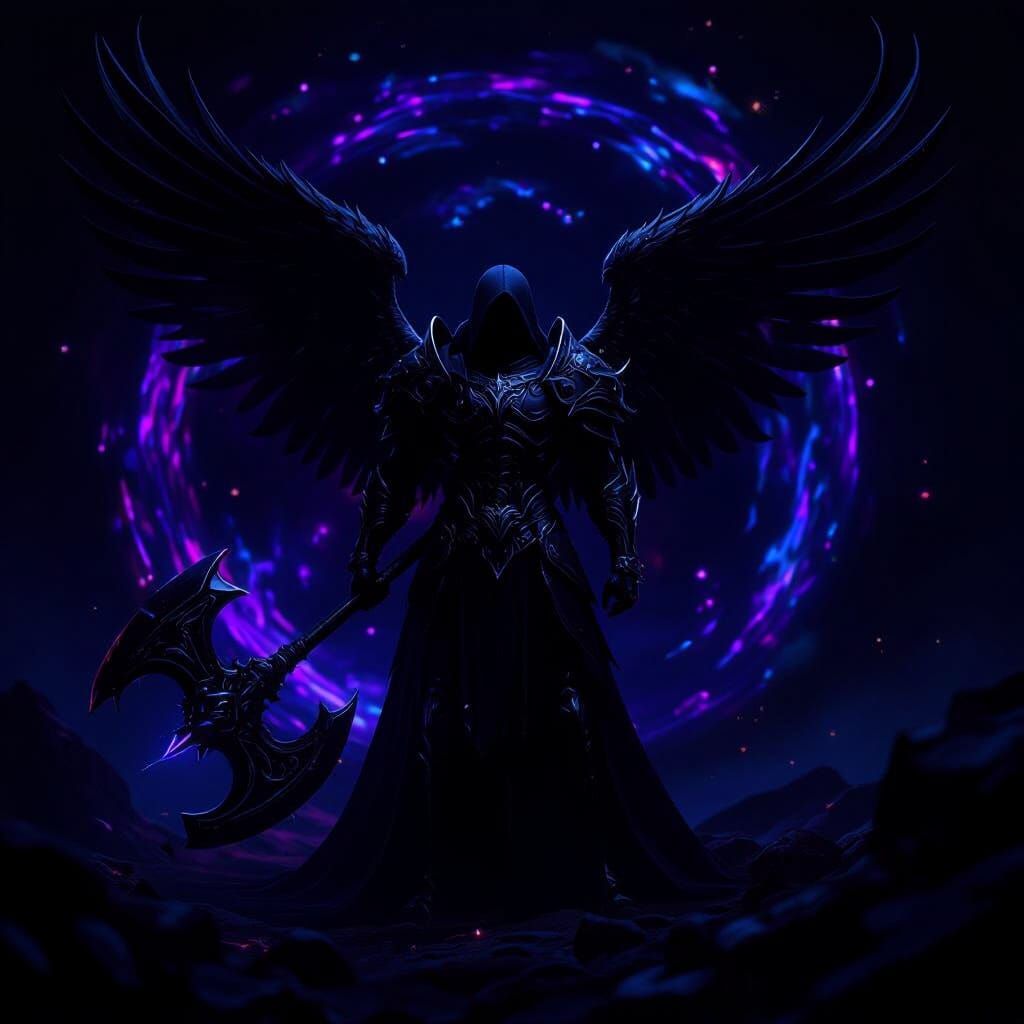 Fallen Angel with Glowing Axe in Cosmic Battle