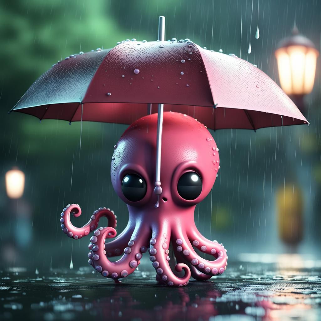 Cute Octopus in Rain with Umbrella, 3D Render