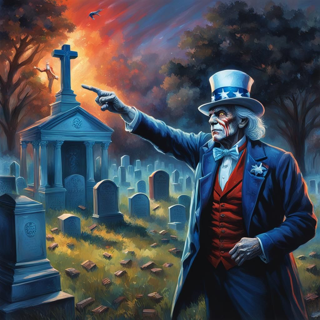 Hyperrealistic Ghost of Uncle Sam in Graveyard