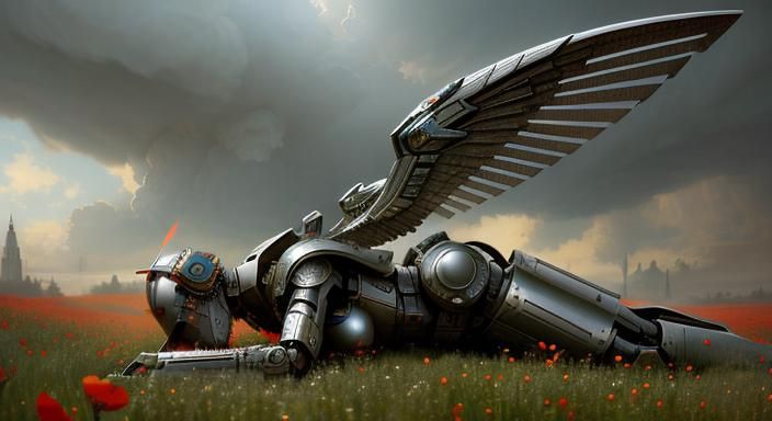 Robotic Angel in Poppy Field, Detailed Sci-Fi Art