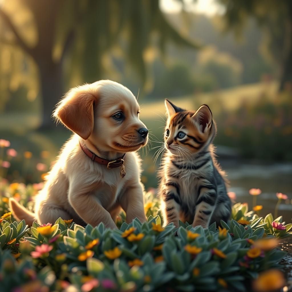 Puppy and Kitten First Meeting: 3D Render