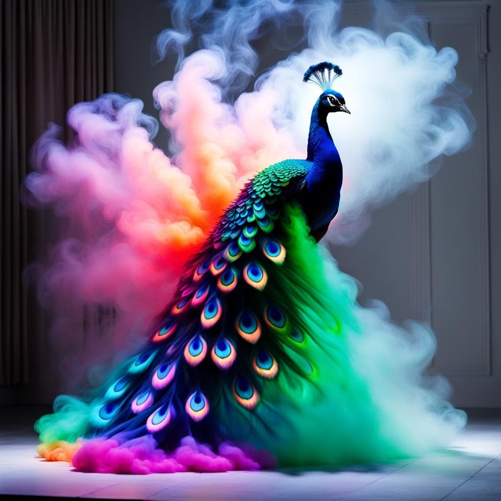 Surreal Rainbow Peacock Erupts from Misty Smoke