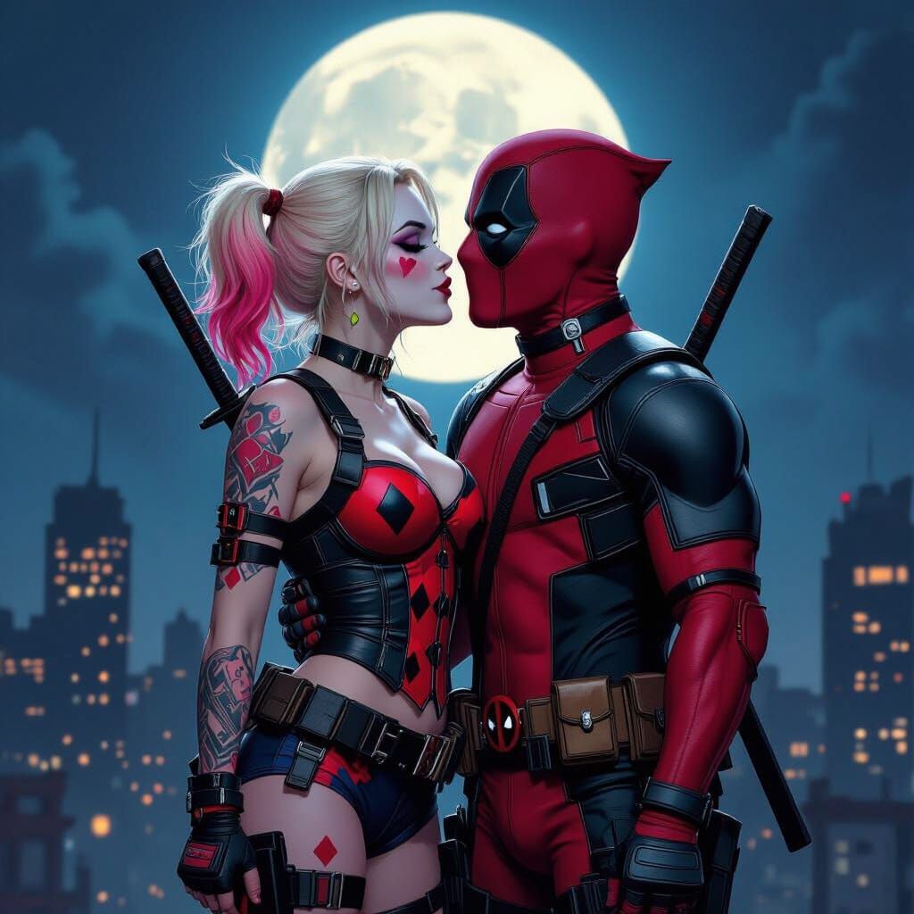 Harley Quinn and Deadpool Kiss Under Full Moon