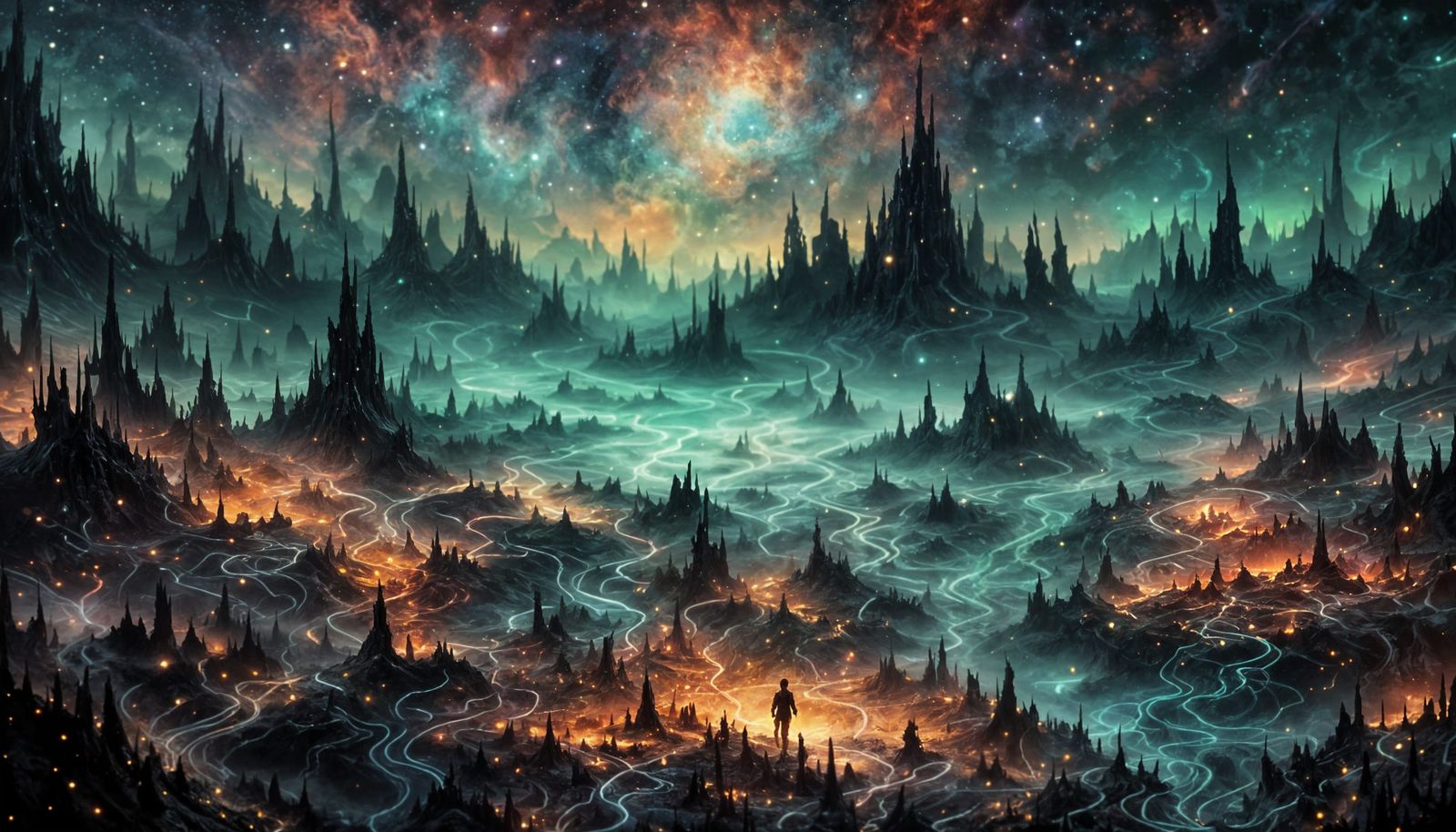 Retro Sci-Fi Alien Landscape with Luminescent Creatures