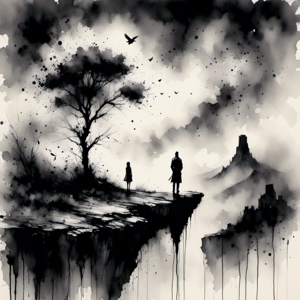 Ominous Figure at Cliff's Edge in Vivid Monochrome