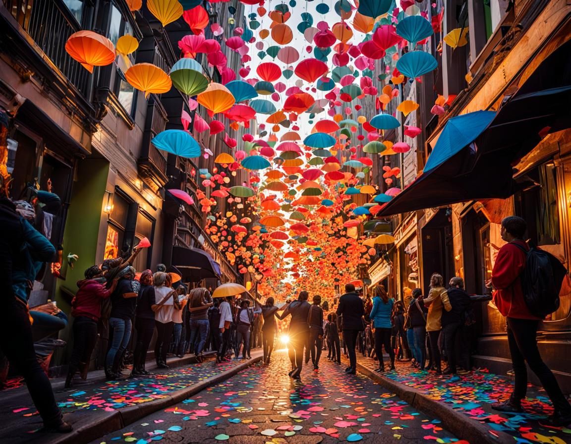 Alien Street Celebration with Colorful Paper Rain