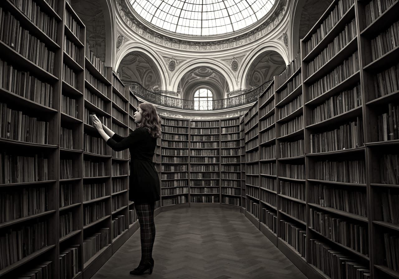 Modern Library Scene with Redhaired Woman in Plaid Tights