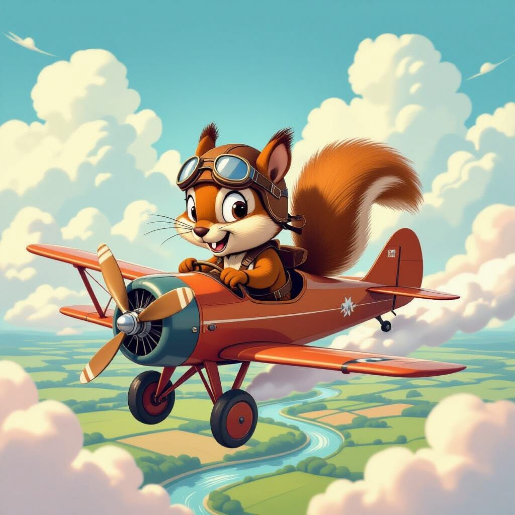 Anthropomorphic Squirrel Pilot in Biplane Above Cotton Candy...