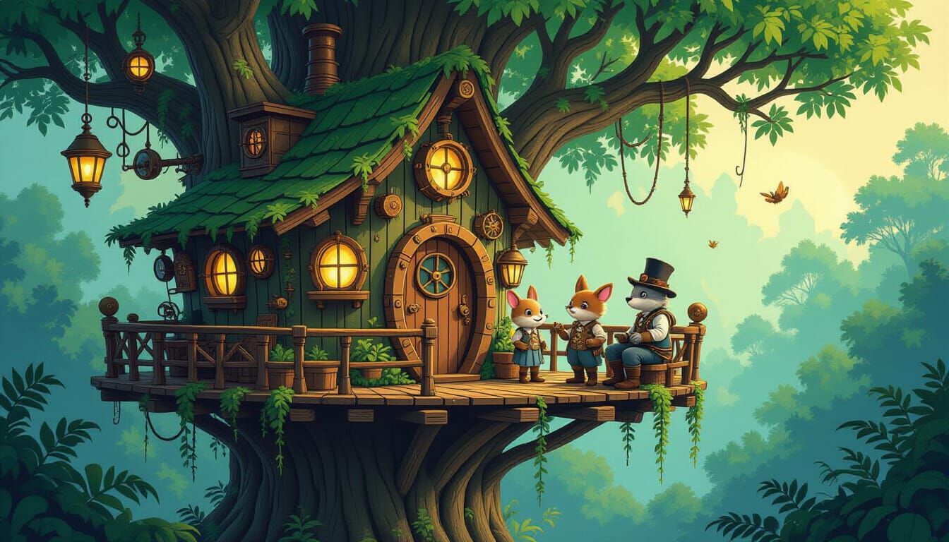 Whimsical Steampunk Treehouse in Alien Jungle