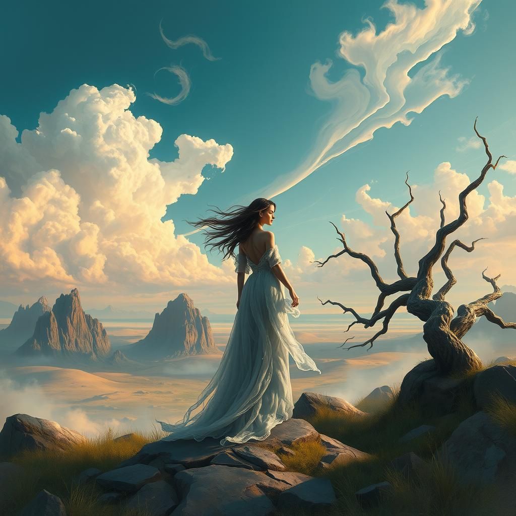 Mystical Maiden in Rococo Landscape with Abstract Elements
