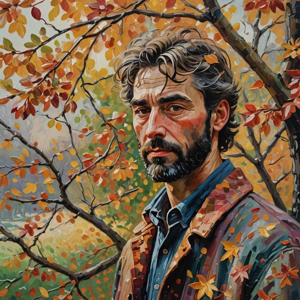 Autumnal Man Portrait as Impressionist Oil Painting