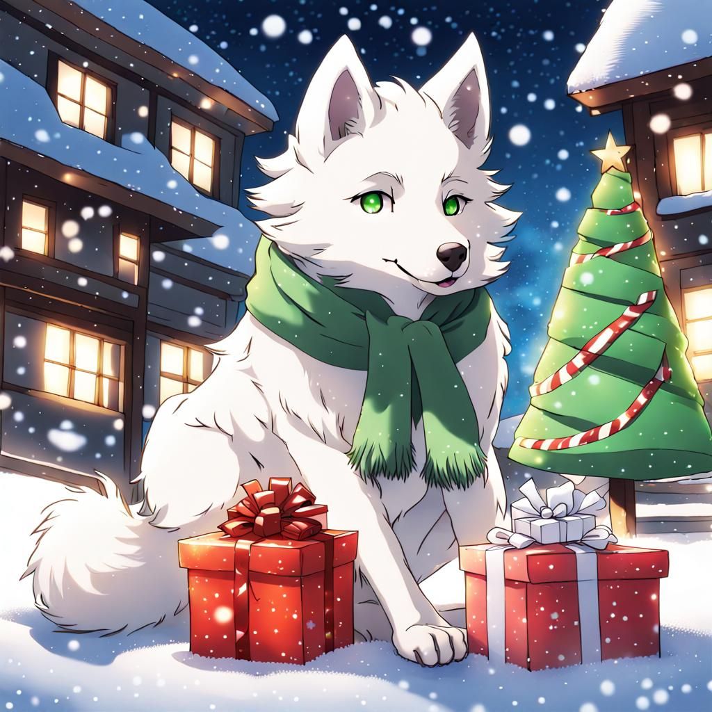 Enchanting Christmas Wolf Wrapping Presents in Anime Style