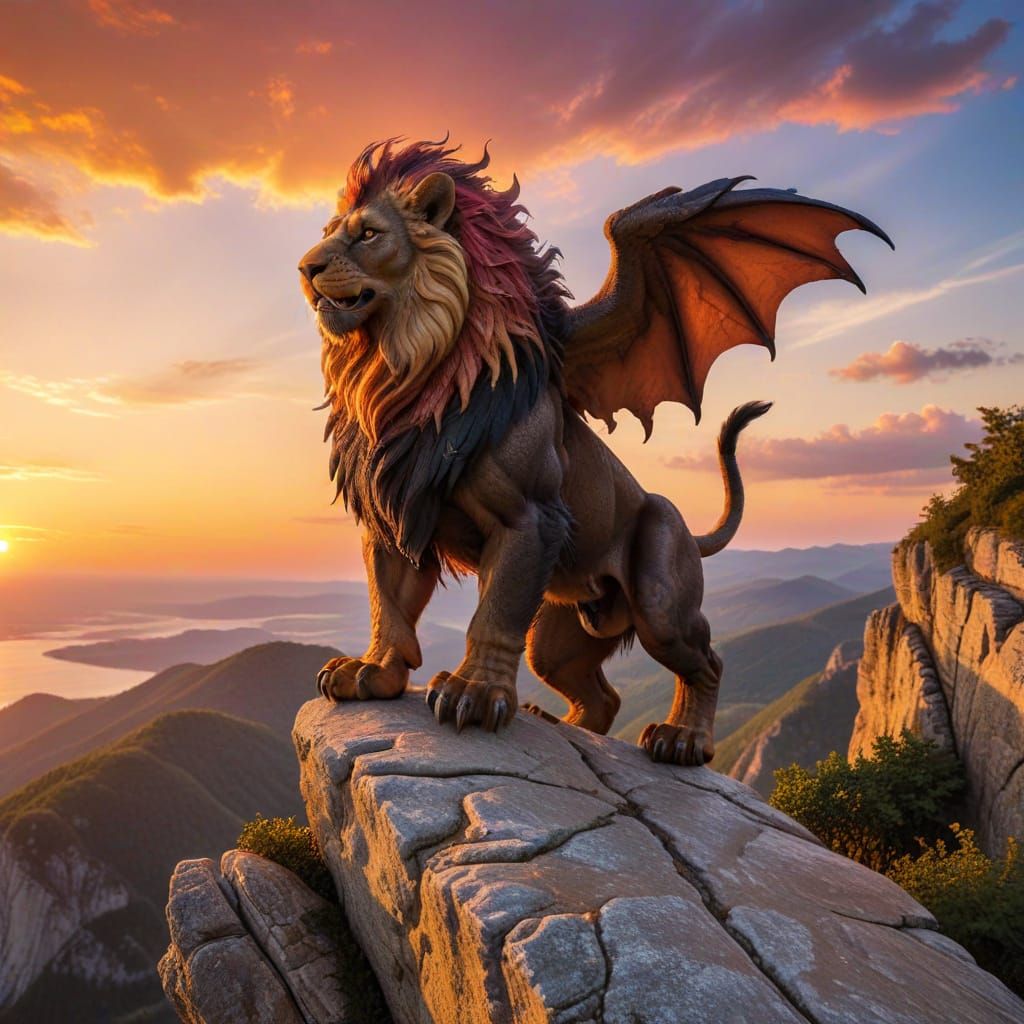 Manticore Silhouetted on Cliff at Colorful Sunset