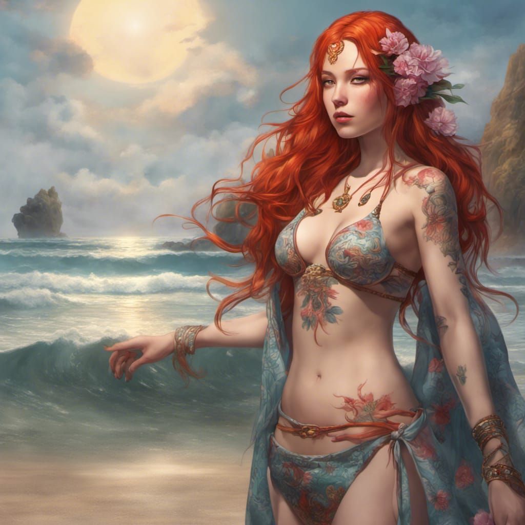 Fantasy Empress on the Beach: Tattoo Style Art