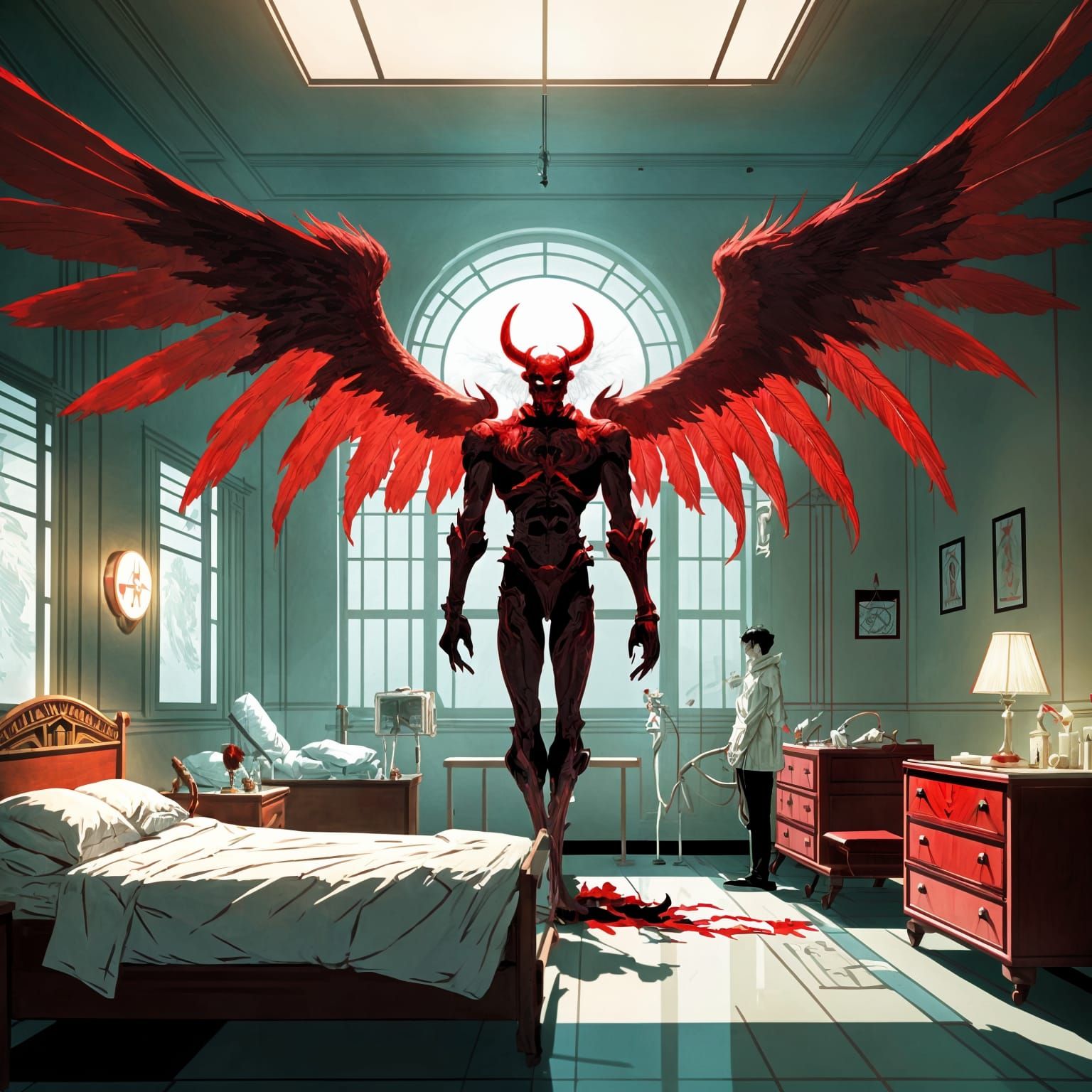 Art Deco Demon Angel Looms Over Comatose Patient in Plague H...