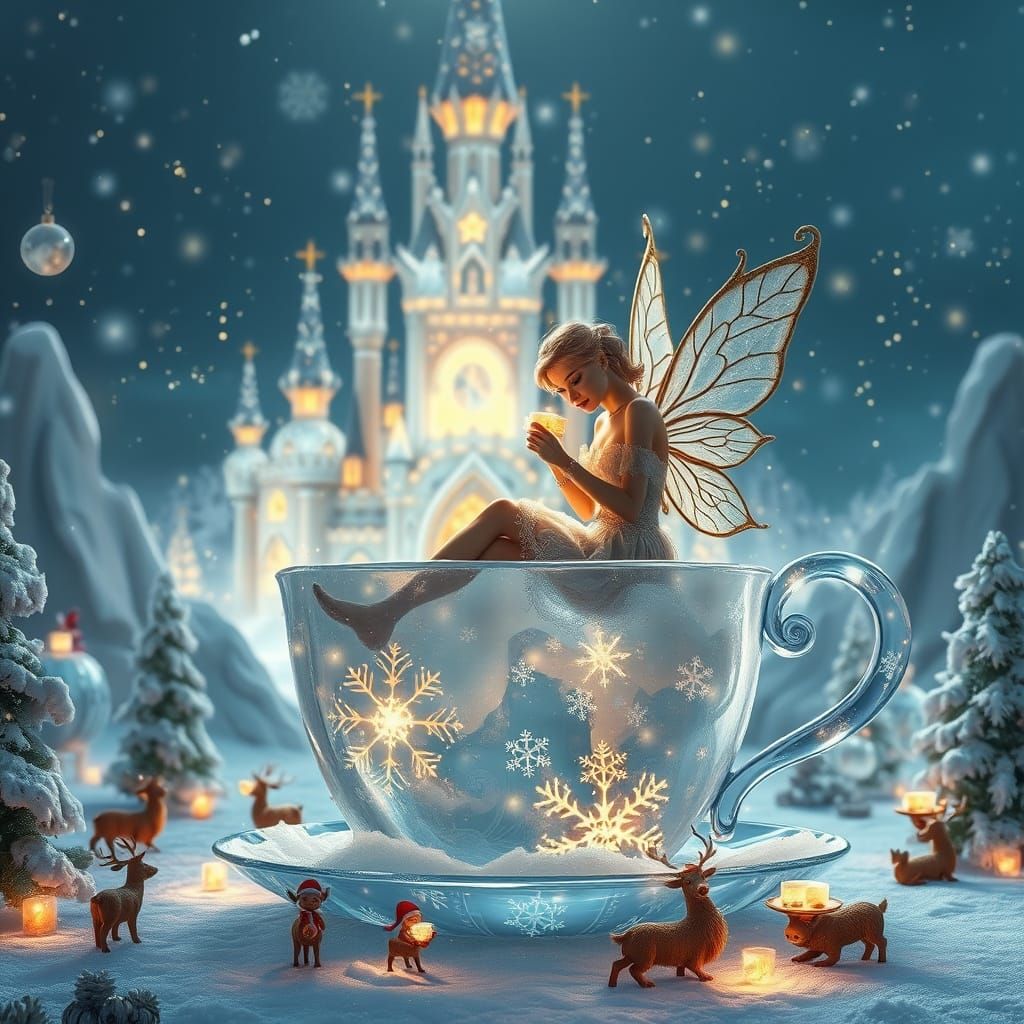 A magical winter fairy sits gracefully in a giant teacup mad...