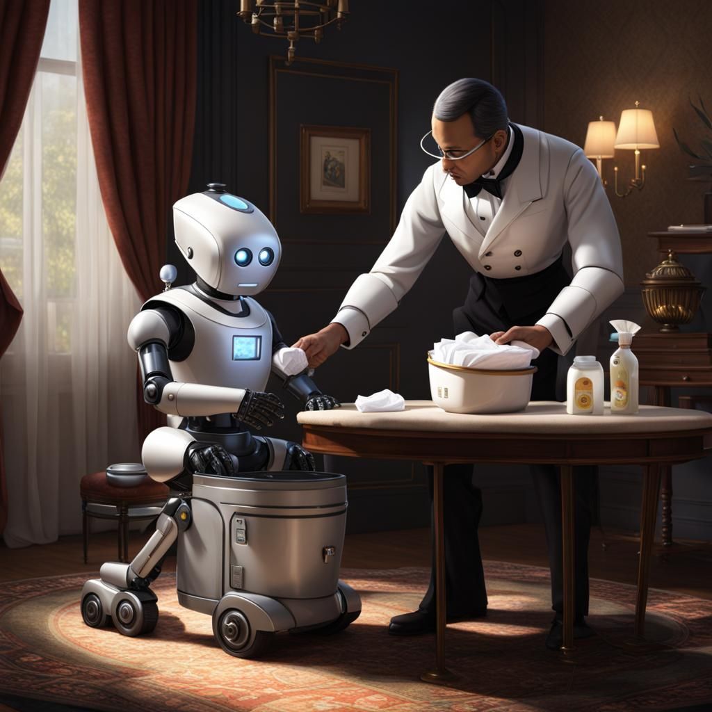 Annoyed Robot Butler Diaper Change: Cinematic Fantasy