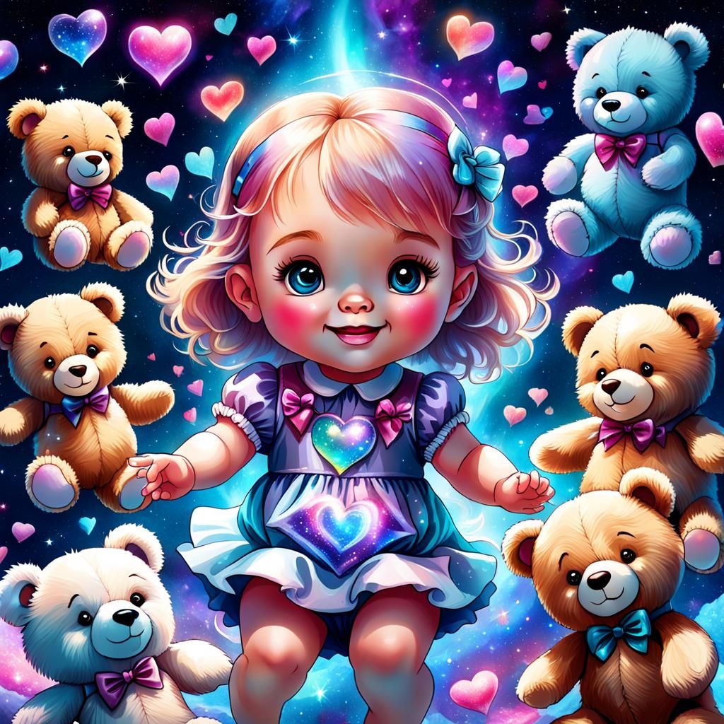 Baby Girl Playing with Teddy Bears: Cosmic Illustration