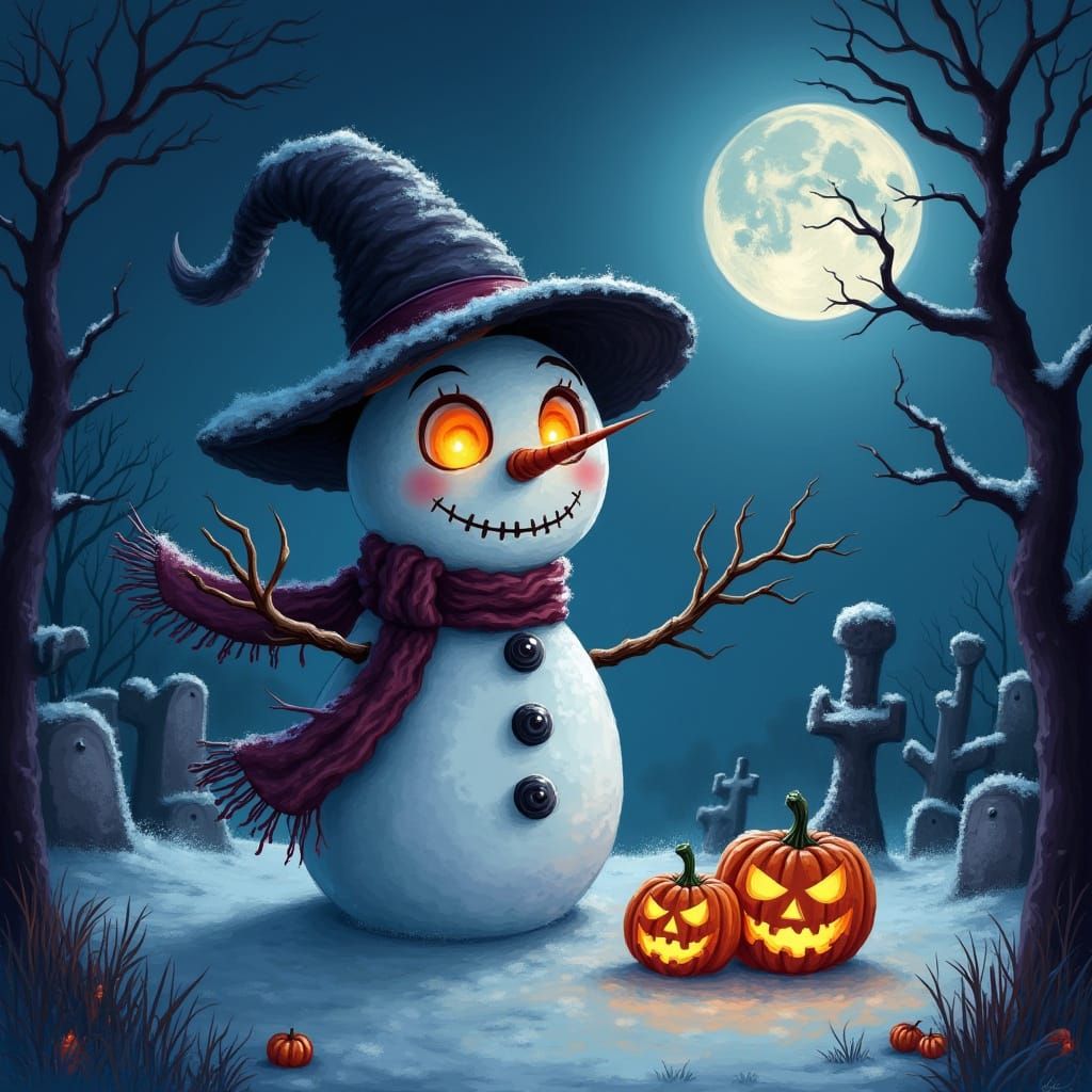 Halloween Snowman in Spooky Graveyard