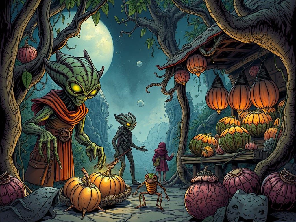 Exotic Alien Market with Living Vines, Comic Art