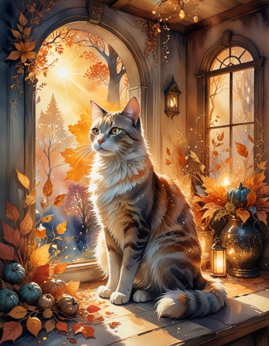 Autumn Goddess and Magical Cat in Enchanted Home