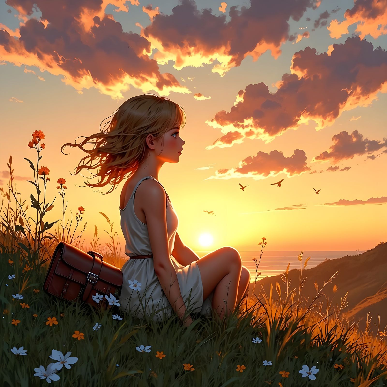 Girl Gazing at Sunset in Painterly Style