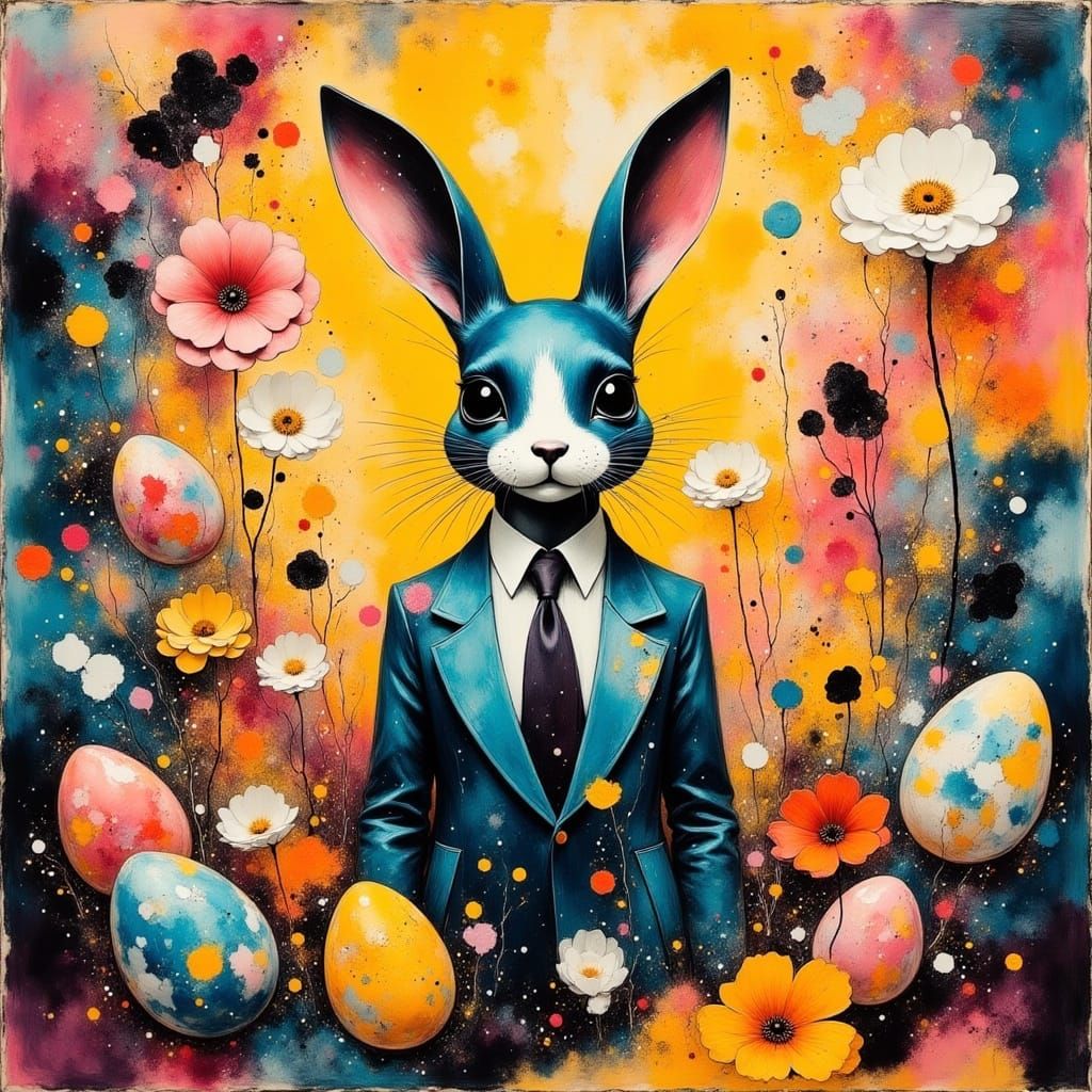 Easter Bunny in Vibrant Oil-Painted Suit with Geometric Patt...