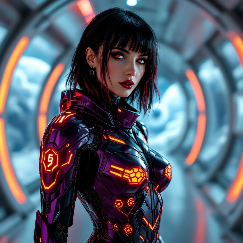 Goth Woman in Exosuit on Space Station