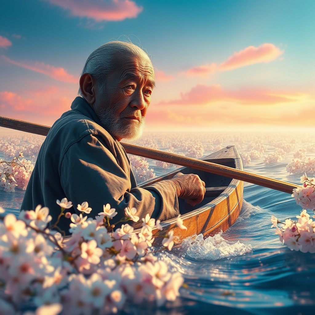 Fisherman Rows Boat Through Cherry Blossom Sea
