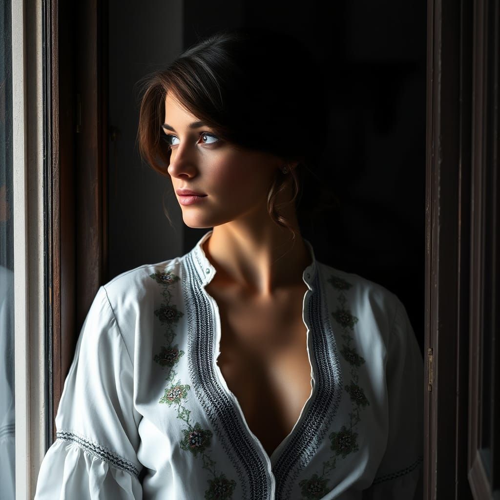 Woman in Embroidered Shirt, High-Contrast Photo