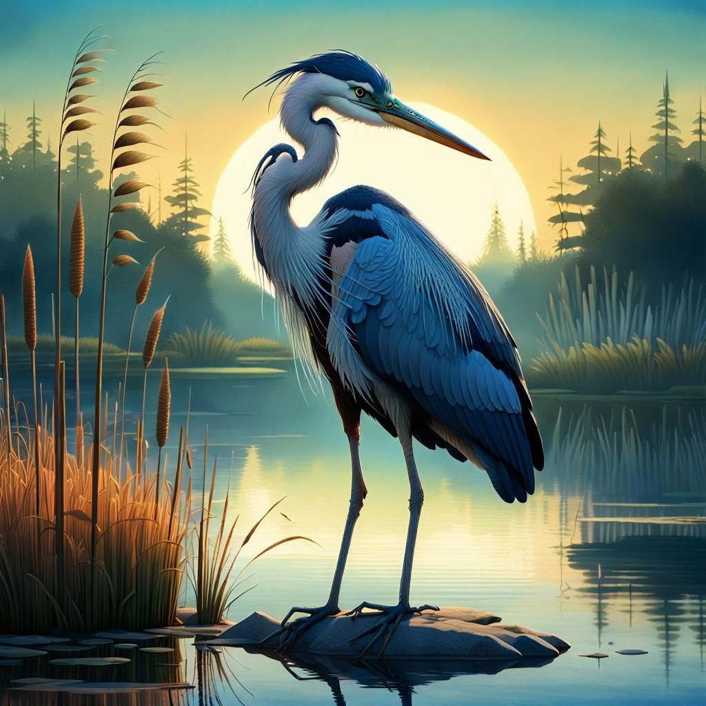 Blue Heron on Lake Shore as 3D Digital Art