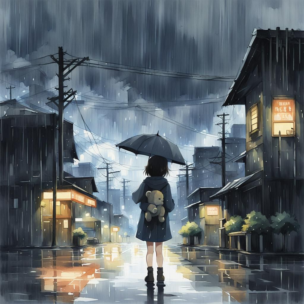 Girl and Teddy Bear in Rainy Anime Cityscape
