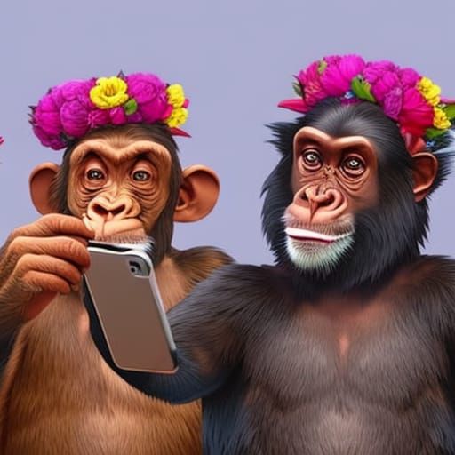 Chimpanzees' Selfie with Flower Crowns: Hyperrealistic Art