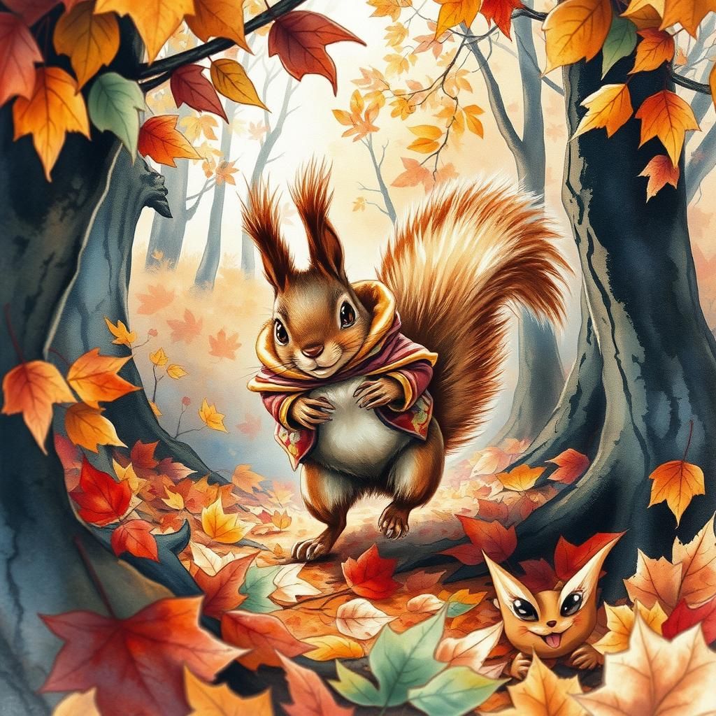 Squirrel in Autumn Forest: Watercolor Painting