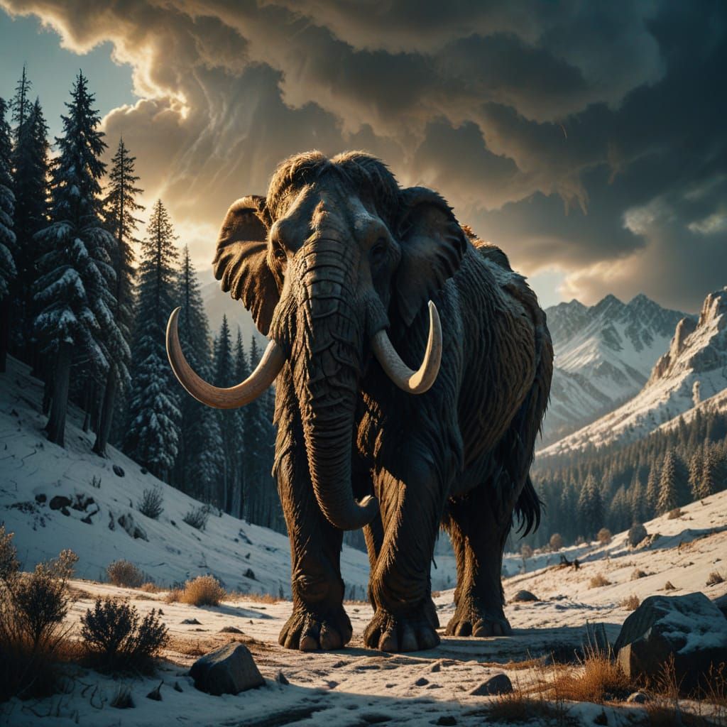 Majestic Mammoth in Bas Relief Style, Icy Landscape at Golde...