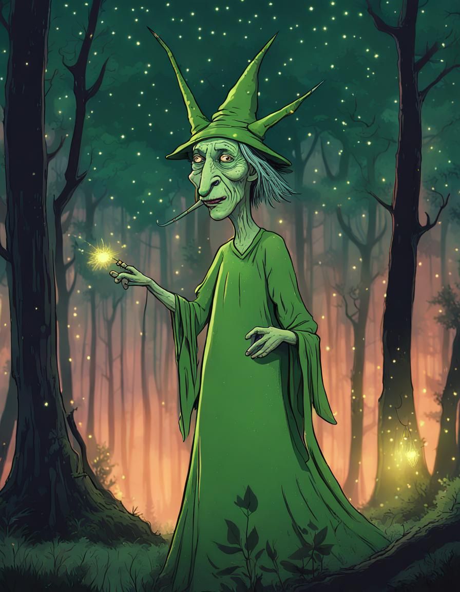 Green Witch in Forest with Fireflies