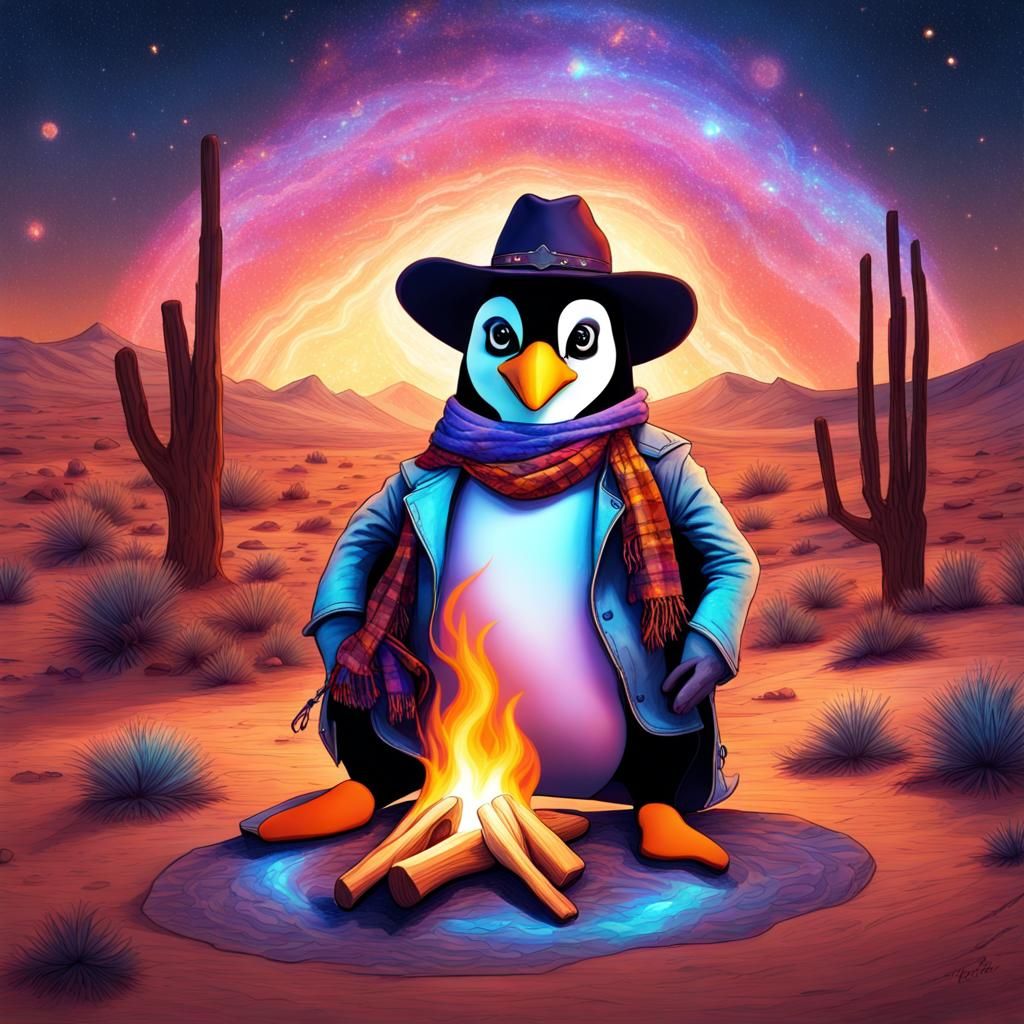 Penguin Cowboy at Desert Campfire: Astral Illustration