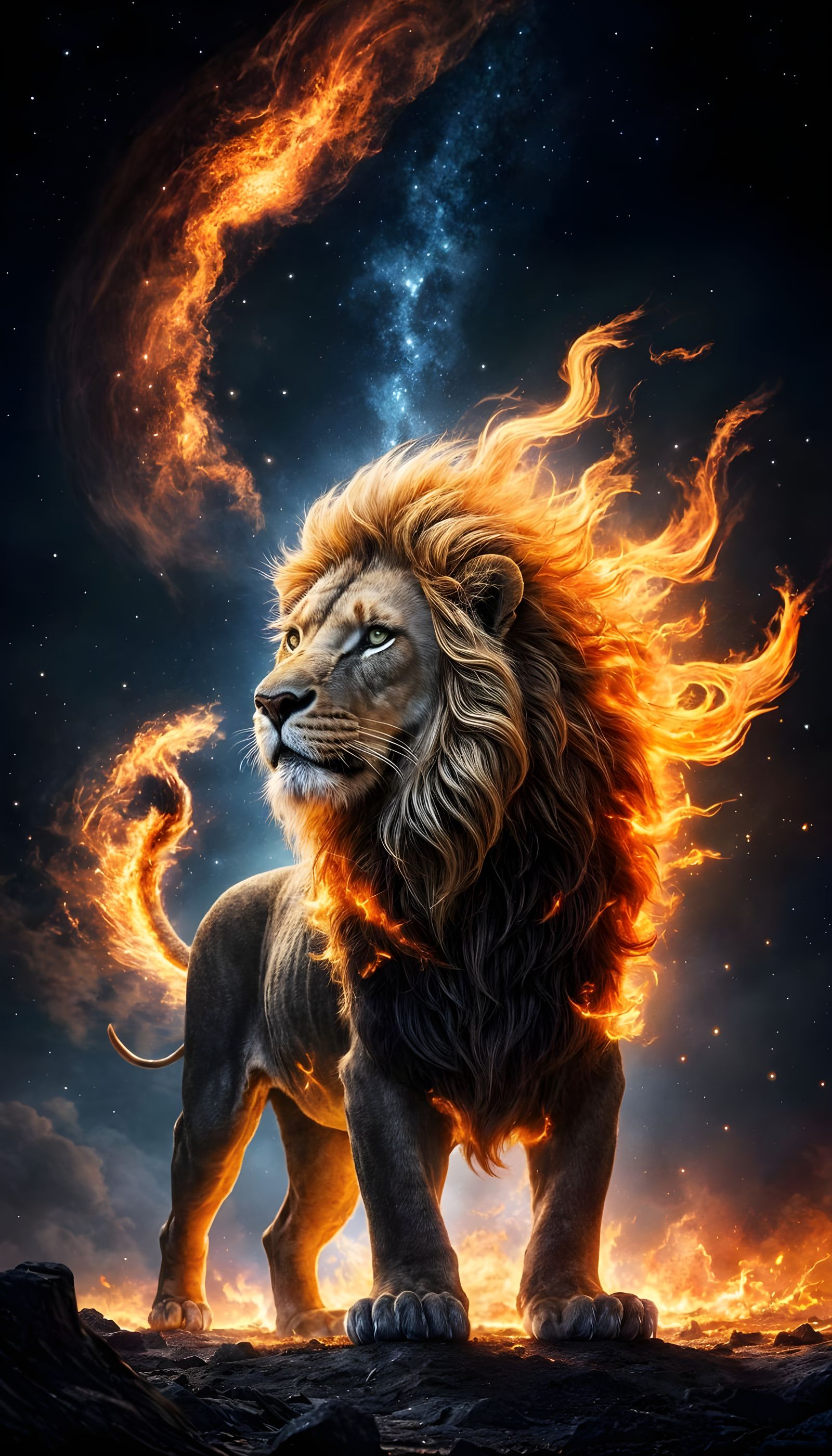 Fiery Celestial Lion on Molten Earth