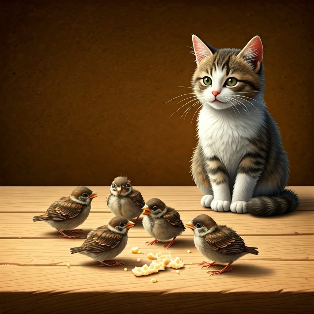 Fluffy Sparrows and Watching Cat in Folk-Art Style