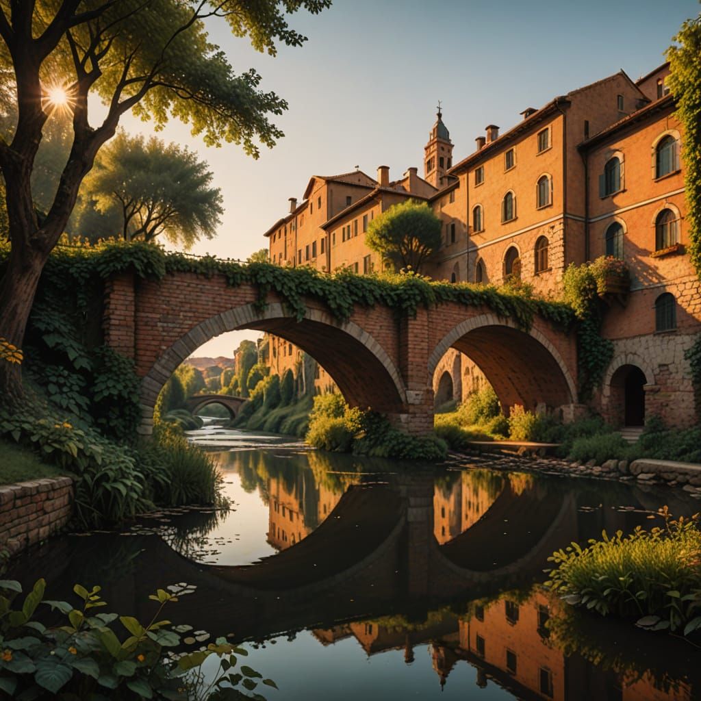 Italian Renaissance Masterpiece: Majestic Bridge in Golden L...
