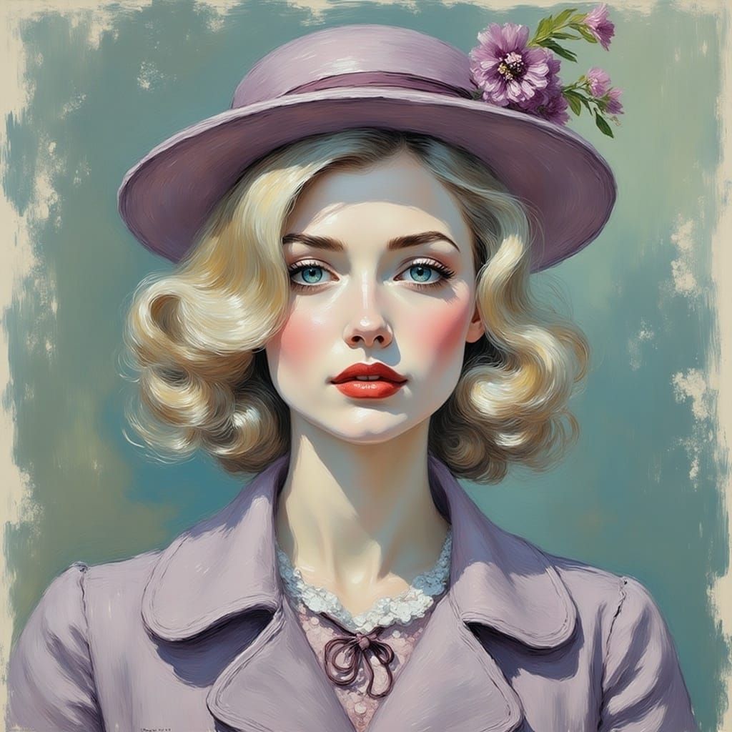 60's Girl in Mauve Hat, Dreamy Gouache Style